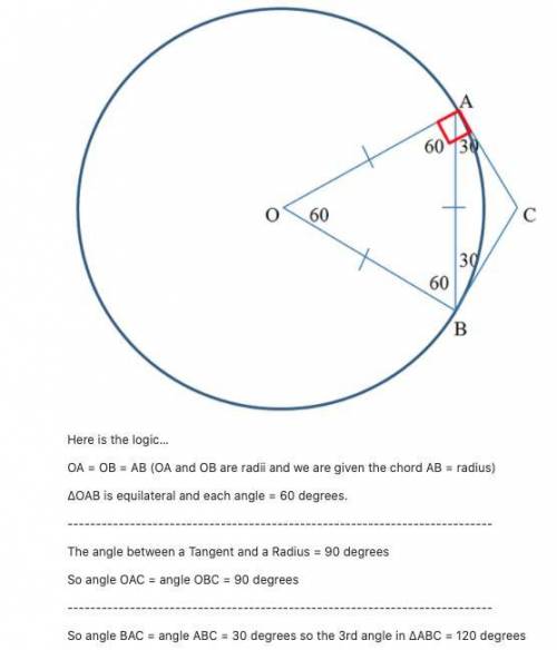 Chord AB has the same length as the radius of the circle in which it is drawn. Endpoints of a chord