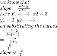 we \: know \: that \:  \\ slope =  \frac{y2 - y1}{x2 - x1}  \\ here \: x1 =  - 4 \: \:  \:  x2 = 3 \\ y1 = 2 \:  \: y2 =  - 3 \\ on \: substituting \: the \: values \\  =   \frac{ - 3 - 2}{3 - ( - 4)}  \\  =  - \frac{ - 5}{3 + 4}  \\  =  \frac{ - 5}{7}  \\ slope \: is \:  \frac{ - 5}{7}