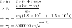 m_1u_1=m_1v_1+m_2v_2\\\Rightarrow v_2=\dfrac{m_1(u_1-v_1)}{m_2}\\\Rightarrow v_2=\dfrac{m_1(1.8\times 10^7-(-1.5\times 10^7))}{11m_1}\\\Rightarrow v_2=3000000\ m/s