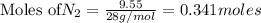\text{Moles of} N_2=\frac{9.55}{28g/mol}=0.341moles