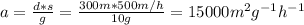 a = \frac{d*s}{g} = \frac{300 m*500 m/h}{10 g} = 15000 m^{2}g^{-1}h^{-1}