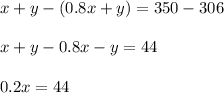 x+y-(0.8x+y)=350-306\\\\x+y-0.8x-y=44\\\\0.2x=44