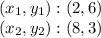 (x_ {1}, y_ {1}): (2,6)\\(x_ {2}, y_ {2}) :( 8,3)