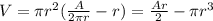 V=\pi r^2 (\frac{A}{2\pi r}-r)=\frac{Ar}{2}-\pi r^3