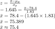 z=\frac{\bar x-\mu_{\bar x}}{\sigma_{\bar x}}\\-1.645=\frac{\bar x-78.4}{1.83}\\\bar x=78.4-(1.645\times 1.83)\\\bar x=75.389\\\bar x\approx75.4