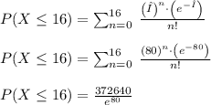 P(X\leq 16) = \sum _{n=0}^{16}\:\frac{\left(λ\right)^n\cdot \left(e^{-λ}\right)}{n!}\\\\P(X\leq 16) = \sum _{n=0}^{16}\:\frac{\left(80\right)^n\cdot \left(e^{-80}\right)}{n!}\\\\P(X\leq 16) = \frac{372640}{e^{80}}