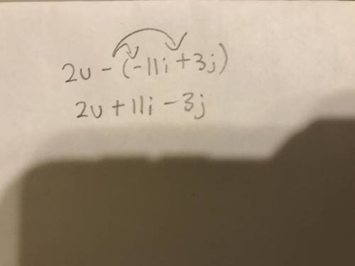 If v = -11i + 3j, 2u − v =