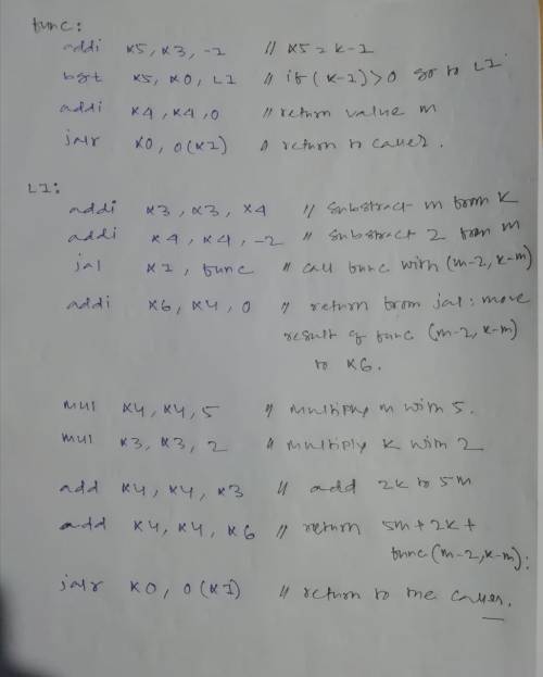 For the following C code assume k and m are passed in x3 and x4 respectively, while result is return