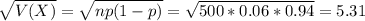 \sqrt{V(X)} = \sqrt{np(1-p)} = \sqrt{500*0.06*0.94} = 5.31