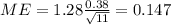 ME = 1.28\frac{0.38}{\sqrt{11}}= 0.147