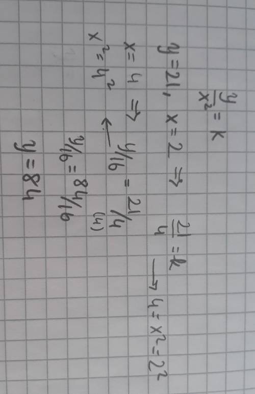 If Y is directly proportional to X² and y=21 when x=2, find the value of y when X=4.
