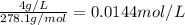 \frac{4g/L}{278.1g/mol}=0.0144mol/L