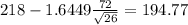 218- 1.6449 \frac{72}{\sqrt{26}}= 194.77