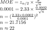 MOE=z_{\alpha/2}\times \frac{\sigma}{\sqrt{n}}\\0.0001=2.33\times \frac{0.0002}{\sqrt{n}}\\n=(\frac{2.33\times 0.0002}{0.0001})^{2}\\n=21.7156\\n\approx22
