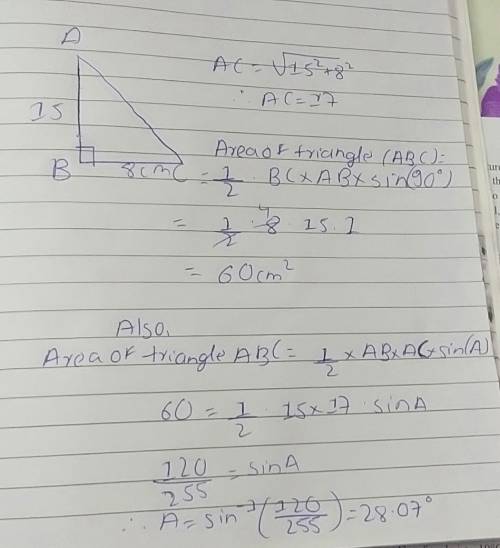 In a triangle ABC , right-angled B,AB=15CM,BC=8CM, Determine sin A.