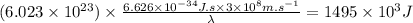 (6.023\times 10^{23})\times \frac{6.626\times 10^{-34}J.s\times 3\times 10^{8}m.s^{-1}}{\lambda }=1495\times 10^{3}J