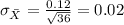 \sigma_{\bar X}= \frac{0.12}{\sqrt{36}}= 0.02