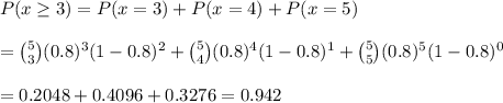 P(x \geq 3) = P(x = 3) + P(x = 4) +P(x=5)\\\\= \binom{5}{3}(0.8)^3(1-0.8)^2 +\binom{5}{4}(0.8)^4(1-0.8)^1 +\binom{5}{5}(0.8)^5(1-0.8)^0\\\\= 0.2048 +0.4096+0.3276=0.942