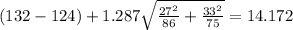 (132-124) +1.287 \sqrt{\frac{27^2}{86} +\frac{33^2}{75}}= 14.172