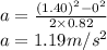 a = \frac{(1.40)^2 - 0^2}{ 2 \times 0.82}\\a= 1.19 m/s^2
