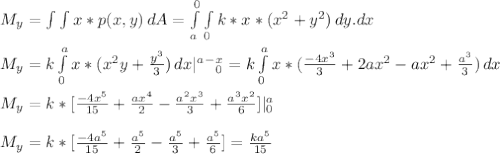 M_y = \int \int {x*p(x,y)} \, dA = \int\limits^0_a \int\limits_0 {k*x*(x^2 + y^2)} \, dy.dx \\\\M_y = k\int\limits^a_0 x*{(x^2y + \frac{y^3}{3}) } \, dx|\limits^a^-^x_0 = k\int\limits^a_0 x*{(\frac{-4x^3}{3}  + 2ax^2-ax^2+\frac{a^3}{3}) } \, dx\\\\M_y = k* [ \frac{-4x^5}{15} + \frac{ax^4}{2} - \frac{a^2x^3}{3} +\frac{a^3x^2}{6}] | \limits^a_0   \\\\M_y = k* [ \frac{-4a^5}{15} + \frac{a^5}{2} - \frac{a^5}{3} +\frac{a^5}{6}] = \frac{ka^5}{15}