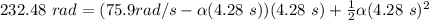 232.48 \ rad= (75.9 rad/s - \alpha (4.28 \ s))(4.28 \ s)+ \frac{1}{2} \alpha (4.28 \ s) ^2