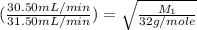 (\frac{30.50mL/min}{31.50mL/min})=\sqrt{\frac{M_1}{32g/mole}}