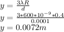 y = \frac{3 \lambda R}{d} \\y = \frac{3 * 600 * 10^{-9}*0.4 }{0.0001} \\y = 0.0072 m