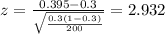 z=\frac{0.395 -0.3}{\sqrt{\frac{0.3(1-0.3)}{200}}}=2.932