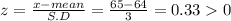 z = \frac{x-mean}{S.D} = \frac{65-64}{3} = 0.33 0