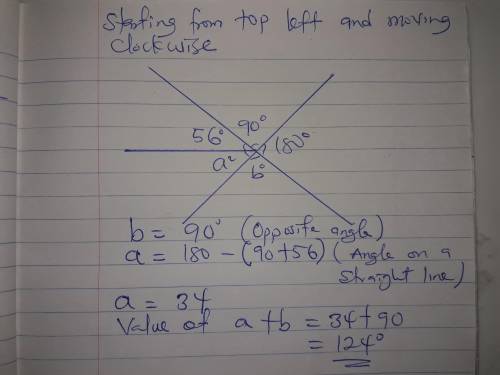 What is the value of Measure of angle a + measure of angle b 3 lines intersect to form 5 angles. Clo