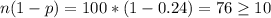 n(1-p)=100*(1-0.24)=76 \geq 10