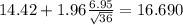 14.42+ 1.96\frac{6.95}{\sqrt{36}}=16.690