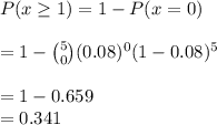 P(x \geq 1) =1 - P(x = 0)\\\\=1- \binom{5}{0}(0.08)^0(1-0.08)^5\\\\= 1 - 0.659\\= 0.341