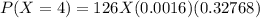 P(X=4) =126 X (0.0016)(0.32768)