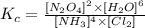 K_c=\frac{[N_2O_4]^2\times [H_2O]^6}{[NH_3]^4\times[Cl_2]}