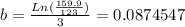 b = \frac{Ln(\frac{159.9}{123})}{3} = 0.0874547