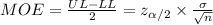 MOE=\frac{UL-LL}{2}= z_{\alpha/2}\times \frac{\sigma}{\sqrt{n}}
