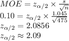 MOE=z_{\alpha/2}\times \frac{s}{\sqrt{n}}\\0.10=z_{\alpha/2}\times \frac{1.045}{\sqrt{475}}\\z_{\alpha/2}=2.0856\\z_{\alpha/2}\approx2.09