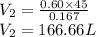 V_{2}=\frac{0.60 \times 45}{0.167}\\V_{2}= 166.66L