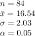 n=84\\\bar x=16.54\\\sigma=2.03\\\alpha =0.05