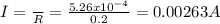 I=\frac{\epsilo }{R} =\frac{5.26x10^{-4} }{0.2} =0.00263A