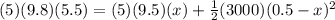 (5)(9.8)(5.5) = (5)(9.5)(x) + \frac{1}{2}(3000)(0.5-x)^2