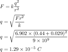 F=k\dfrac{q^2}{r^2}\\\\q=\sqrt{\dfrac{Fr^2}{k}} \\\\q=\sqrt{\dfrac{6.902\times (0.44+0.029)^2}{9\times 10^9}} \\\\q=1.29\times 10^{-5}\ C