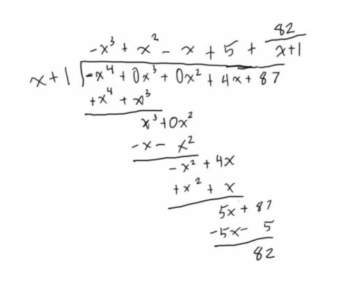Express ((-x^4)+4x+87)/(x+1) in the form q(x)+((r(x)/b(x))