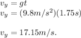v_y = gt \\v_y = (9.8m/s^2)(1.75s)\\\\{v_y = 17.15m/s.