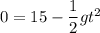 0=15-\dfrac{1}{2}gt^2