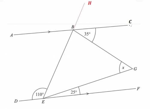BEG is a triangle. ABC and DEF are parallel lines. work out the size of angle x.