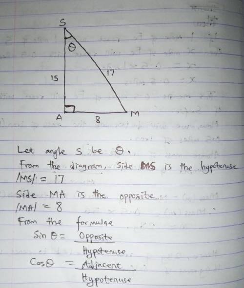 In the triangle MSA,MS =17 and MA= 8 . What is the value of angle S,to the nearest degree?