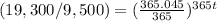 (19,300/9,500)=(\frac{365.045}{365})^{365t}